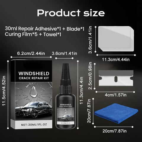DIY No Fuss Windshield Repair Kit For Chips And Cracks With Advanced Formula Liquid Resin, product components and sizes