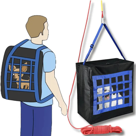 Pet Fire Escape Bag For Large Dogs And Cats Up To 100 Pounds With 50 Foot Rope Rapid Rescue Carrier shown with person and pet inside.