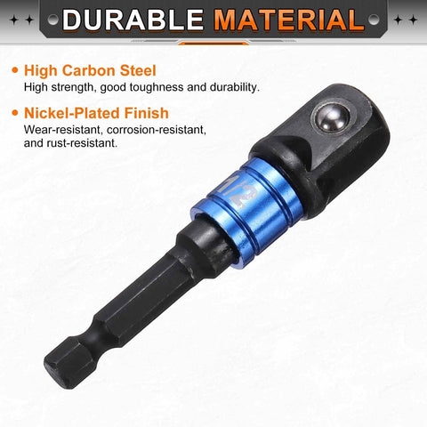 Impact Driver Socket Adapter Extension Set 4 Piece Half Inch Square Drive To Quarter Inch Hex Shank Universal Fit for Screwdrivers and Power Drills