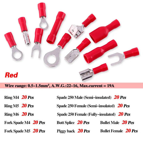 Red connectors from 540 Piece Quick Disconnect Electrical Terminal Kit With Mixed Insulated Crimp Terminals Including Butt Spade Fork Ring Bullet And Piggyback Connectors For 22 To 16 16 To 14 12 To 10 Gauge Wiring DIY Friendly All In One Electrician Must Have