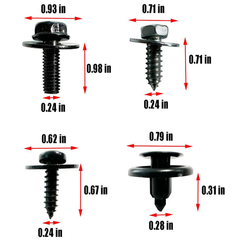 Dimensions of fasteners in 50 Piece Engine Splash Shield Fastener Kit for Toyota cars and SUVs with plastic and metal rivet clips