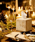 Heavy Resin Tissue Box Cover With Travertine Texture For Home Decor on elegant candlelit dining table