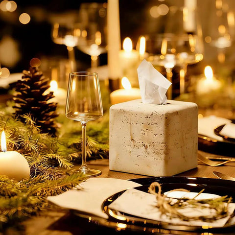 Heavy Resin Tissue Box Cover With Travertine Texture For Home Decor on elegant candlelit dining table
