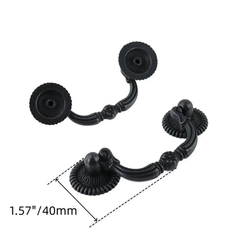 Black vintage drop bail drawer pulls, decorative, 1.57 inch width shown, part of Six Pack 2.5 Inch Silver Vintage Drop Bail Drawer Pulls For Kitchen Cabinets And Furniture, Durable Zinc Alloy Handles, Easy Install, Classic Cabinet Hardware For DIY Renovations.