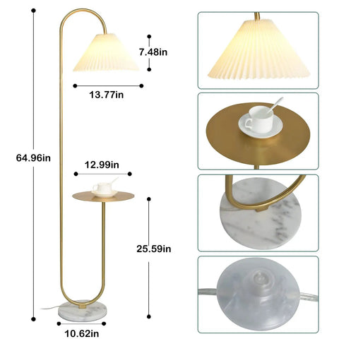 Modern Elegant Floor Lamp With Tray Shelf For Office Cafe Den Living Room Or Bedroom, Brass Gold Finish, Foot Switch