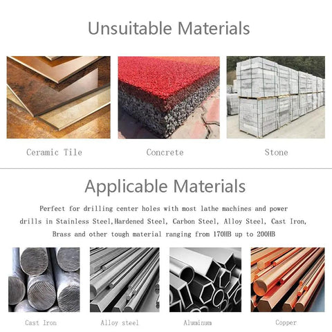 Image showing unsuitable materials like ceramic, concrete, stone and applicable materials such as cast iron, alloy steel, aluminum, copper.
