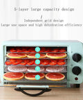 Top Shelf Five Layer Food Dehydrator And Compact Air Dryer For Fresh Fruits Lean Meats And Custom Pet Treats Featuring Slick Dial Knobs And Variable Temp Range in use with sliced fruits on trays.