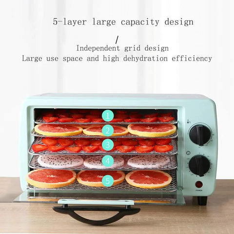 Top Shelf Five Layer Food Dehydrator And Compact Air Dryer For Fresh Fruits Lean Meats And Custom Pet Treats Featuring Slick Dial Knobs And Variable Temp Range in use with sliced fruits on trays.