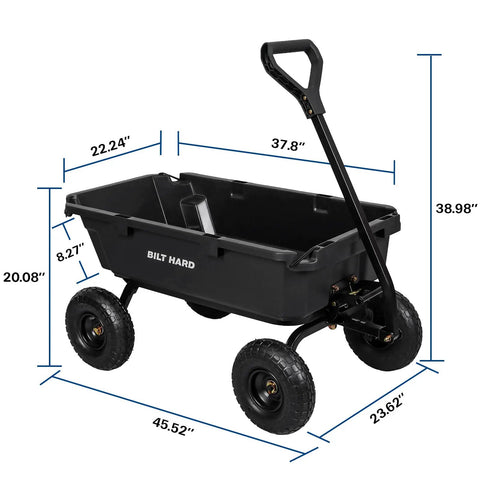 Heavy Duty Poly Garden Dump Cart With 900 Pound Capacity, 5 Cu Ft Bed, 10 Inch All Terrain Pneumatic Wheels, side view.
