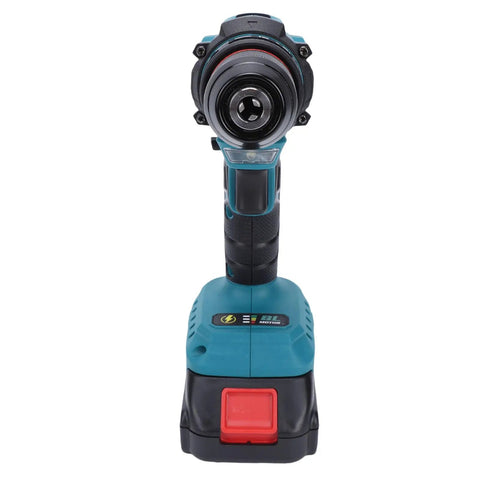 Heavy Duty Brushless Cordless Drill Kit Featuring A Badass 3/8 Inch Keyless Metal Chuck and 25 Position Clutch for Nasty Jobs and Durable Performance Straight Up Built For Every Home Reno Project, showing front view of drill.