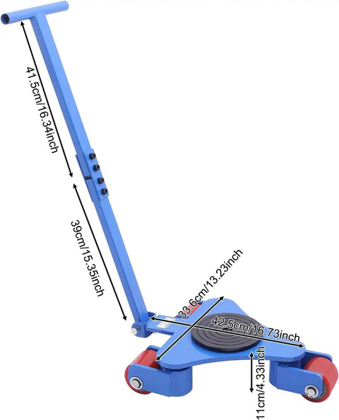 Heavy Duty Machinery Transport Skates Featuring Carbon Steel Frame And 360 Swivel Pu Casters For smooth gliding, detailed dimensions shown.