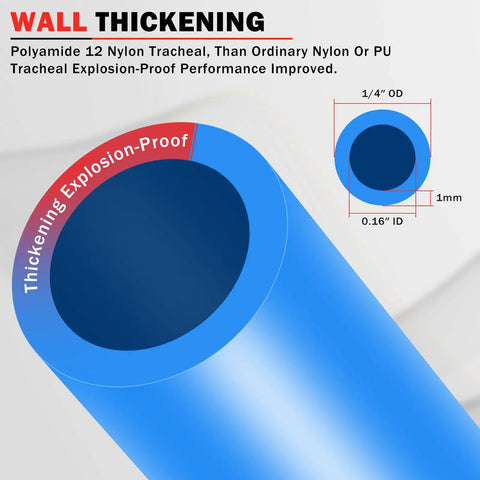 Diagram showing Blue One Quarter Inch Outer Diameter PA12 Nylon DOT Air Line Pneumatic Tubing with 1/4 inch OD, highlighting thickness.