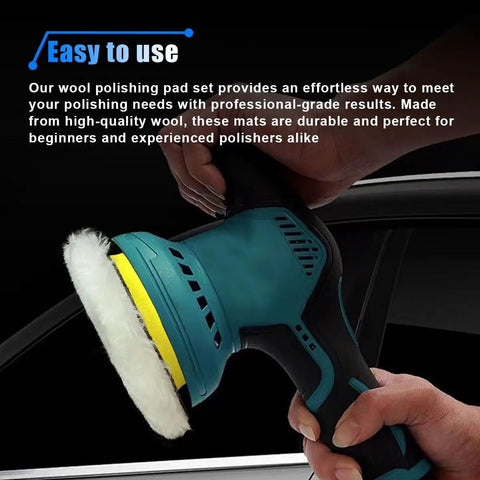 Pro Wool Polishing Pad Kit For Auto Detailing And Waxing Includes Five 3.92 Inch Buffing Pads, shown in use.