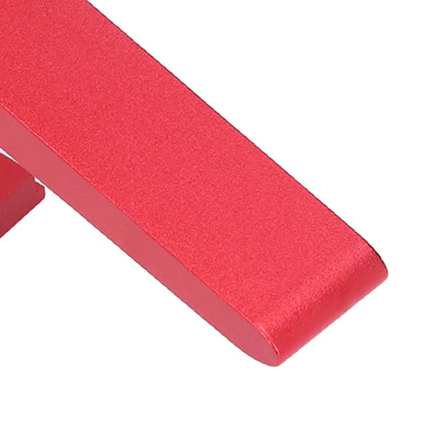 Close-up of Must-Have Adjustable T-Track Hold Down Clamp For Your Workbench Shop Gear in red aluminum alloy finish.