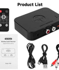 Bluetooth 5.4 Audio Receiver For Home And Car Stereo including remote, user manual, USB cable, and RCA outputs