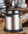 Heavy Duty Stainless Steel Coffee Knock Box With Removable Base For Quick Espresso Grounds Tossing Zero Mess Home Bar Counter Stress Free Cleanup Smooth Flow on wooden counter.