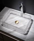 Square Clear Glass Vessel Sink Slick Finish Zero Hassle Cleanup Bathroom Vanity Basin Top Tier Modern Hotel Washbasin with gold stopper.