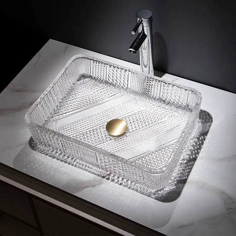 Square Clear Glass Vessel Sink Slick Finish Zero Hassle Cleanup Bathroom Vanity Basin Top Tier Modern Hotel Washbasin with gold stopper.
