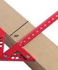 Sick Aluminum Alloy Woodworking Square For Dead Center Layout And 45 90 Degree Angle Measuring Tool With Sharp Scribe Ruler In Bold Red Metric Workshop Finish positioned at 90 degrees on a wooden board.