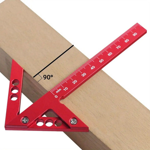 Sick Aluminum Alloy Woodworking Square For Dead Center Layout And 45 90 Degree Angle Measuring Tool With Sharp Scribe Ruler In Bold Red Metric Workshop Finish positioned at 90 degrees on a wooden board.