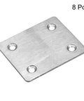 Eight Stainless Steel Repair Plates Set 60mm By 50mm Flat Mending Brackets With Four 5mm Mount Holes, shown individually.
