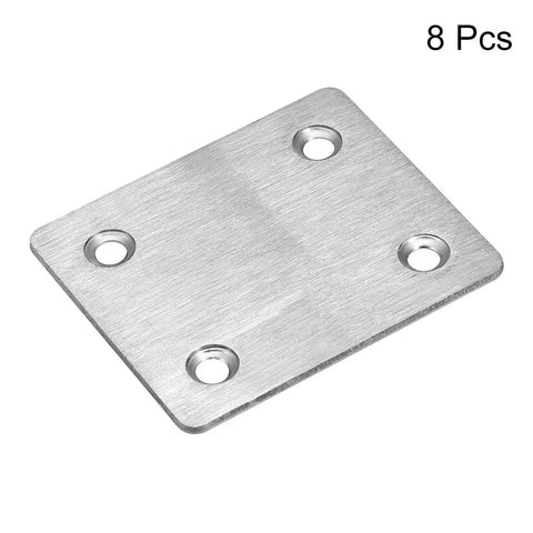 Eight Stainless Steel Repair Plates Set 60mm By 50mm Flat Mending Brackets With Four 5mm Mount Holes, shown individually.