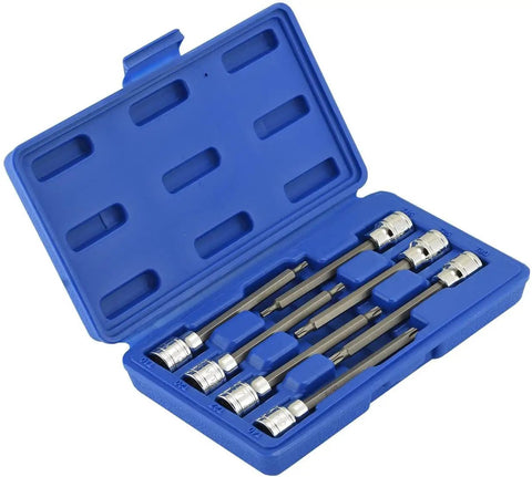 Extra Long Torx Star Bit Socket Set For 3/8 Inch Drive, 7-Piece T10 Through T40 in blue storage case, 4-3/8 inch shank