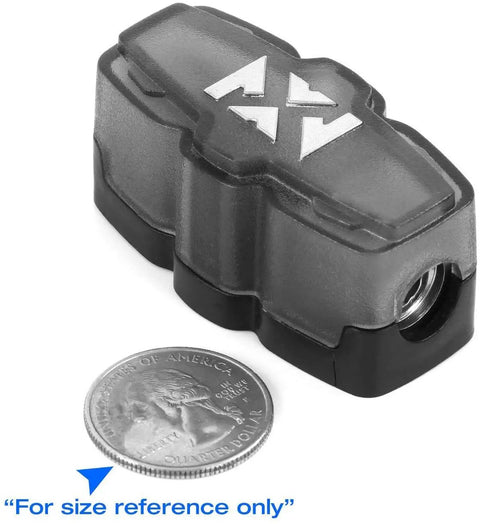 Badass Mini ANL And MANL Inline Fuse Holder For 4 And 8 Gauge Wire With Forged Brass Body and Satin Chrome Cap shown next to a quarter for size reference.