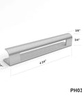 Self Adhesive Edge Fingerpull Door Handle Screwless Peel And Stick For Glass Wood Metal And Plastic Surfaces, dimensions shown.