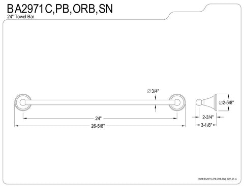 Technical drawing of the 24-inch towel bar from Governor 4-Piece 24-Inch Towel Bar Bathroom Accessory Set With Towel Ring, Robe Hook, And Toilet Paper Holder In Brushed Nickel.