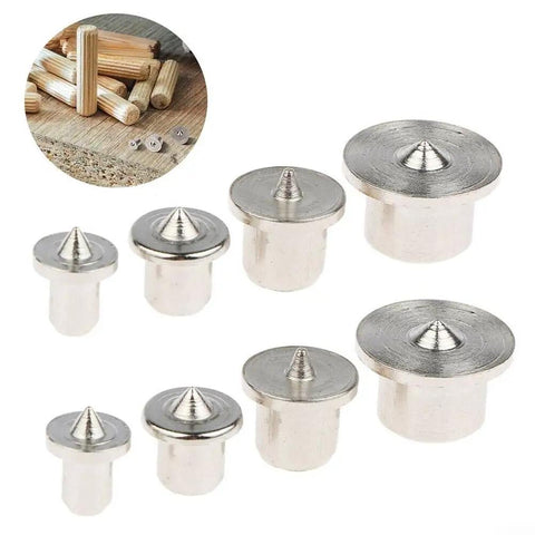 Eight Piece Dowel Center Pin Set for Woodworking with 6mm 8mm 10mm and 12mm hollow drill bit markers, chrome plated steel