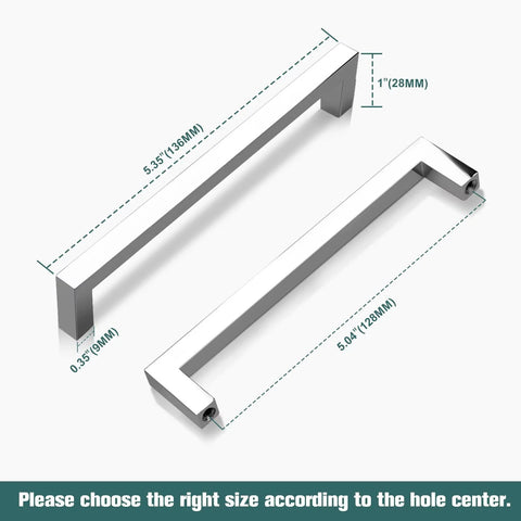 10 Pack Solid Polished Chrome Cabinet Handles 5.4 Inch Overall Length With 5 Inch Hole Center Euro Style Square Bar Pulls