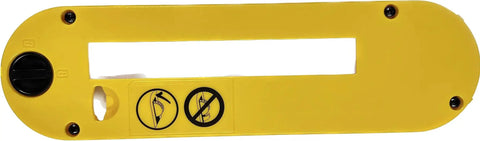Rugged Dado Throat Plate For 10 Inch Portable Table Saws With Dado Capability, yellow plate with safety icons and mounting holes