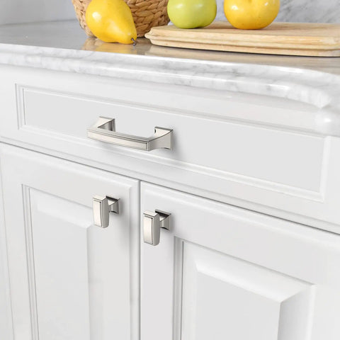 Brushed Satin Nickel Cabinet Knobs And Drawer Pulls Set, 25 Pack, 1.4 Inch 35mm Single Hole installed on kitchen drawer