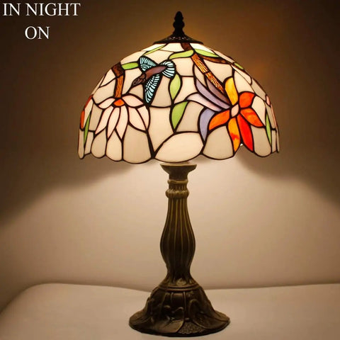 Tiffany Style Hummingbird Stained Glass Table Lamp With 12 Inch Shade And 18 Inch Tall Antique Green Bronze Base Ideal Bedside Desk Reading Light For Bedroom Living Room Home Office UL Listed With On Cord Switch
