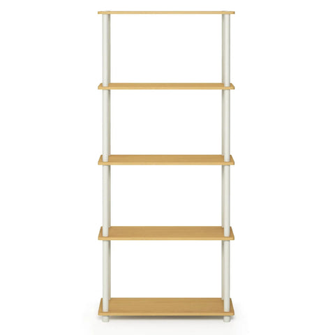 Five Tier Corner Storage Rack With No Sweat Toolless Setup And Straight Up Solid Beech Finish For Easy Home Office Living Room Or Garage Organization That Is A Total Game Changer