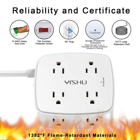 10 Foot Surge Protector Power Strip With 8 Wide AC Outlets And 4 USB Ports 3-Side Extender Built To Power Up Every Device Flat Plug 