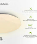 Lit 20 Inch LED Flush Mount Ceiling Light Fixture In Modern White Finish with features list and ETL certification logo