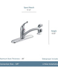 Low Arc Chrome Kitchen Faucet With Side Sprayer And Pull Out Spray Head, Single Handle, 4 Hole Mount, shown with dimensions.