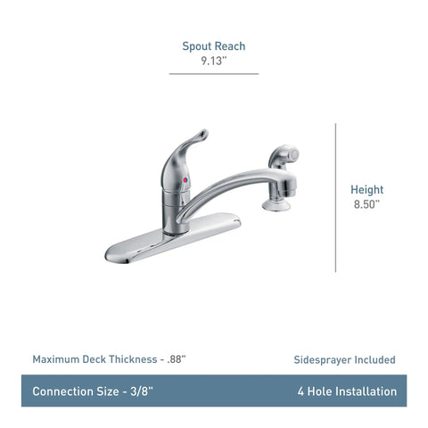 Low Arc Chrome Kitchen Faucet With Side Sprayer And Pull Out Spray Head, Single Handle, 4 Hole Mount, shown with dimensions.