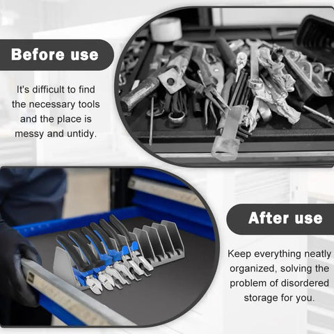 Before and after view showing Two Pack 10 Slot Pliers Organizer Rack Set For Tools Drawer With Non Slip Rubber Base in grey.