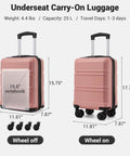 Kono 15-inch underseat luggage in nude rose pink, PC+ABS hardshell with spinner wheels, front and side view