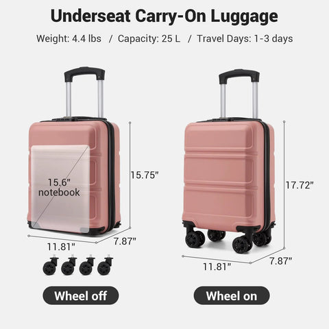 Kono 15-inch underseat luggage in nude rose pink, PC+ABS hardshell with spinner wheels, front and side view
