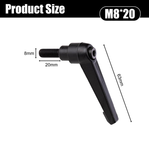 Set Of 2 Adjustable Clamping Lever Handles M8x20mm Quick Release Bolts Black Oxide Carbon Steel shown with dimensions