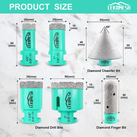Pro Grade Diamond Core Drill Bit Set 6Pc Tile Hole Saw Kit For Porcelain, Ceramic, Marble And Concrete Drilling product sizes