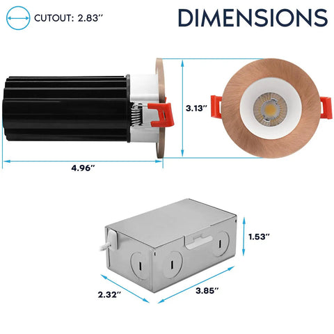 Super Sleek Two Inch Canless Led Recessed Lighting Boosts Home Vibes Featuring Deep Regressed Round Trim White And Copper 5Cct Options 1000 Lumens Dimmable Watts Wet Rated Drop Ins Pack Of Twelve dimensions and cutout sizes