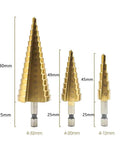 Three Piece Step Drill Bit Set That Rocks 4 12 20 32mm High Speed Steel Titanium Coated Hole Cutter sizes 4-32mm, 4-20mm, 4-12mm