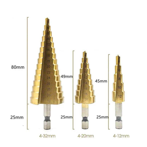 Three Piece Step Drill Bit Set That Rocks 4 12 20 32mm High Speed Steel Titanium Coated Hole Cutter sizes 4-32mm, 4-20mm, 4-12mm