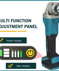 Heavy Duty Brushless Angle Grinder Featuring Four Variable Speed Modes And A Rock Solid Grip Built For Tough Diy Carpentry And Rapid Metal Cuts Zero Hassle When Paired With Common 18V Battery Packs multi-function adjustment panel showing power and gear display.