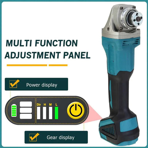 Heavy Duty Brushless Angle Grinder Featuring Four Variable Speed Modes And A Rock Solid Grip Built For Tough Diy Carpentry And Rapid Metal Cuts Zero Hassle When Paired With Common 18V Battery Packs multi-function adjustment panel showing power and gear display.